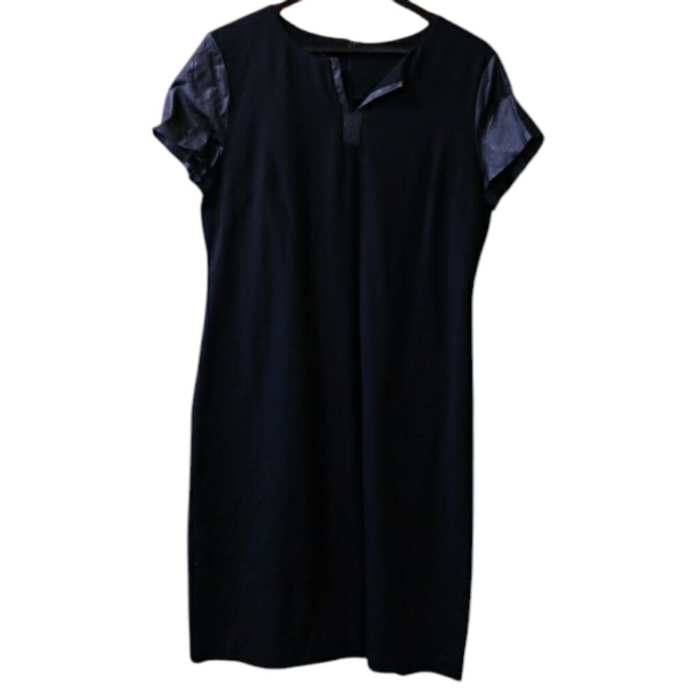 Talbots Black Faux Leather Trim Career Dress Corporate Goth Workwear Size 12